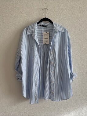 ZARA Blue & White Striped Button-Up Shirt Resort Coastal Preppy Small NWT